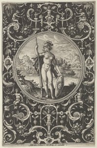 पेरिस के निर्णय से, c1580-1600, ग्रोटेस्क के साथ एक सजावटी फ्रेम में मिनर्वा। द्वारा एड्रिएन कोलार्ट