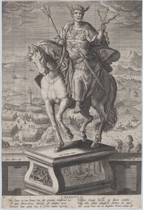 प्लेट 4: कैलीगुला की अश्वारोही प्रतिमा, बाईं ओर तीन-चौथाई दिखाई देती है, एक ..., सीए पहने हुए। 1587-89। द्वारा एड्रिएन कोलार्ट