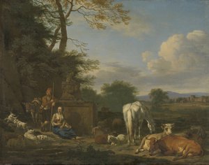 आराम करने वाले चरवाहों और जानवरों के साथ अर्काडियन लैंडस्केप, 1664 (पैनल पर कैनवास पर तेल) द्वारा एड्रिएन वैन डे वेलडे