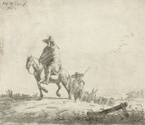 एक गंदगी सड़क पर मवेशियों के साथ सवार और झुंड, 1653