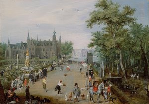 एक महल के सामने Jeu de Paume खेल। 1614 के आसपास