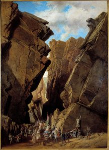 अल्जीरिया का फ्रांसीसी उपनिवेश: "" 28/10/1839 को अल्जीरिया में आयरन गेट का मार्ग"" 1839 में ड्यूक ऑफ ऑरलियन्स द्वारा निर्देशित फ्रांसीसी अभियान, बिबंस के मार्ग को पार करता है। एड्रियन दौज़त द्वारा पेंटिंग (1804-1868) 1869 सन। 1,46x1,05 
