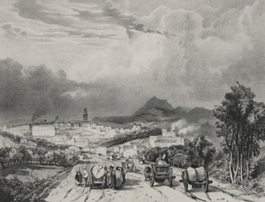 रिओम, औवेर्गने, 1829 का सामान्य दृश्य। द्वारा एड्रिएन दुजात्स