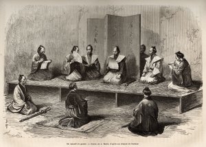 ईदो (वर्तमान टोक्यो) में एक युद्ध परिषद, जो मेइजी बहाली (1868) से ठीक पहले डेमियोस (या डेम्योस: जापानी बड़प्पन) के विद्रोह का सामना करने के लिए ताइकॉन (अस्थायी शक्ति के प्रमुख) के अधिकारियों को एक साथ लाती है, उत्कीर्णन ए मैरी के बाद द्वारा एड्रिएन इमैनुएल मैरी
