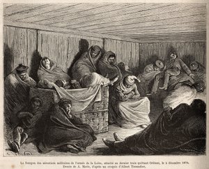 L'interieur du van des aerostiers militaires des armes de la Loire, सभी सो रहे हैं, 5 दिसंबर 1870 को ऑरलियन्स से निकलने वाली आखिरी ट्रेन से जुड़ते हैं, ए मैरी द्वारा एक ड्राइंग के बाद उत्कीर्णन, गैस्टन टिसैंडियर द्वारा एयरशिपव्रेक पर एक अध्ययन को चित्र द्वारा एड्रिएन इमैनुएल मैरी