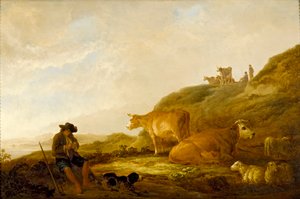 घास के मैदान में गायों और भेड़ों के साथ बैठा चरवाहा, c1644 द्वारा ऐलबर्ट क्यूप