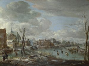 गोल्फर्स और स्केटर्स के साथ एक गांव के पास जमी हुई नदी, c. 1647-1648 द्वारा एर्ट वैन डेर नीर