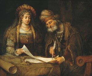 एस्तेर और मोर्दकै पुरीम का पहला अक्षर लिखते हुए, c.1675 (कैनवास पर तेल)