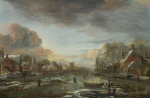 शाम को शहर के साथ एक जमी हुई नदी। 1665 के आसपास द्वारा एर्ट वैन डेर नीर