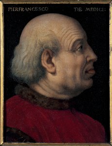 पियरफ्रांसेस्को डी लोरेंजो डी मेडिसिस द एल्डर (1430-1476) का पोर्ट्रेट (पियरफ्रांसेस्को डी मेडिसी द एल्डर इटालियन बैंकर और राजनयिक, हाउस ऑफ मेडिसी ऑफ फ्लोरेंस के सदस्य) ब्रोंज़िनो द्वारा पेंटिंग (अग्नोलो डि कोसिमो) (1503-1572) मंद 15x12 सेमी द्वारा एग्नोलो ब्रोंज़िनो