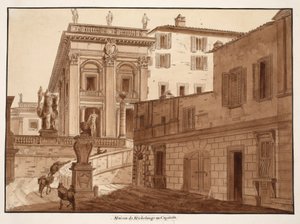 कैपिटोलिन हिल पर माइकल एंजेलो का घर, 1833 (ब्राउन वॉश के साथ नक़्क़ाशी) द्वारा एगोस्टिनो टोफ़ानेलि