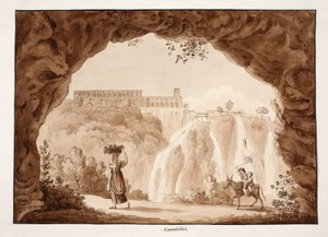टिवोली, 1833 में झरने (भूरे रंग के धुएँ के साथ) द्वारा एगोस्टिनो टोफ़ानेलि