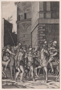 द एम्परर मीटिंग द वारियर, सीए। 1516-17। द्वारा एगोस्टिनो वेनेज़ियानो
