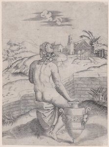 फूलदान के पास बैठी महिला, लगभग। 1514-36। द्वारा एगोस्टिनो वेनेज़ियानो