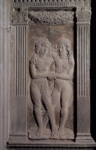 मिथुन राशि का प्रतिनिधित्व ग्रह के प्रतीकों और राशि चक्र के संकेतों को दर्शाती राहत की एक श्रृंखला से, c.1450 (प्लास्टर)