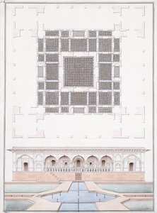 डीग में सूरज भवन के दक्षिण सामने और गार्डन पैलेस की ऊँचाई, c.1830 (पेंसिल, पेन और ग्रे स्याही और वॉटरकलर)