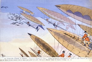 1901 के ""L'Assiette au Beurre"" में अल्बर्ट गुइल्यूम (1873-1942) द्वारा कैरिकेचर: अटैक हॉक्स के साथ एरोस्टेट शिकार। द्वारा अल्बर्ट गिलौम