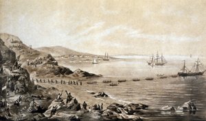 आयरलैंड और कनाडा के बीच पहली ट्रान्साटलांटिक टेलीग्राफिक केबल की स्थापना (1857) अल्बर्ट क्रूगर द्वारा उत्कीर्णन लगभग 1870 द्वारा अल्बर्ट क्रूगर