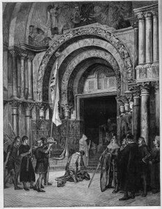 पोप के चरणों में फ्रेडरिक बारबेरोज। होहेनस्टौफेन (1122-1190) के सम्राट फ्रेडरिक I ने पोप अलेक्जेंडर III (1105-1181) को साष्टांग प्रणाम किया, जो 1177 में वेनिस में सेंट मार्क (सैन मार्को) के द्वार के नीचे उनका इंतजार कर रहे थे। अल्बर्ट मेगनन द्वारा एक पेंटि द्वारा अल्बर्ट पियरे रेने (बाद) मगनन