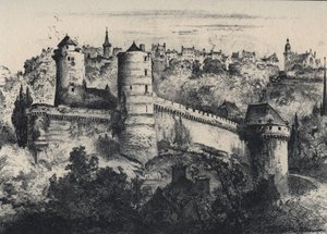 Chateau de Fougeres - Ille-et-Vilaine विभाग में महल का किला। ओल्ड फ़्रांस - ब्रिटनी - अल्बर्ट रोबिडा (1848-1926) द्वारा लिखित पाठ, चित्र और लिथोग्राफ, 19वीं सदी के अंत की तारीख द्वारा अल्बर्ट रोबिडा