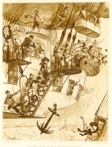 एक ट्रान्साटलांटिक गुब्बारे का प्रस्थान, Le Vingtieme Siecle, पब से। 1883 लिथोग्राफ, 1883। द्वारा अल्बर्ट रोबिडा
