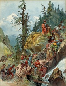 पाँचवाँ इतालवी युद्ध (१५१५-१५१६): फ्रांस्वा I (१४९४-१५४७) की सेना के लार्चे दर्रे से अगस्त १५१५ में आल्प्स का मार्ग, इटली के रास्ते में। चित्रण द्वारा अल्बर्ट रोबिडा