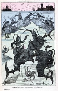 पापागायो की खाड़ी में पानी के नीचे की लड़ाई (मछली की सवारी करने वाले), जूल्स वर्ने की पैरोडी, "" दुनिया के 5 या 6 हिस्सों में और श्री जूल्स वर्ने के लिए ज्ञात या अज्ञात सभी देशों में सैटर्निन फरांडोल की बहुत ही असाधारण यात्राएं "रॉबिडा द्वार द्वारा अल्बर्ट रोबिडा