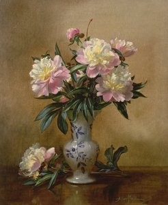 एक नीले और सफेद फूलदान में Peonies