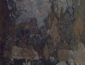 आई। स्ट्राविंस्की, 1910 द्वारा बैले द फायरबर्ड के लिए स्टेज डिजाइन