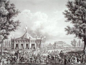 फर्डिनेंड I (1793-1875) के राज्याभिषेक के अवसर के लिए मंडप से गुजरने वाला जुलूस द्वारा एलेसेंड्रो (बाद में) Sanquirico