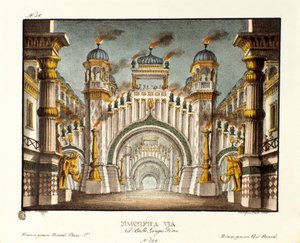 इतालवी कोरियोग्राफर गियोवन्नी गैल्ज़रानी (1780-1865) (1828) द्वारा बैले "" जेनिस-कान "के लिए चंगेज खान के दृश्य के समय एक मंदिर। एलेसेंड्रो सैनक्विरिको (1777-1849) द्वारा 1830 के दर्शनीय आविष्कारों का संग्रह "" में लिथोग्राफी। मिला द्वारा एलेसेंड्रो सैनकिरिको