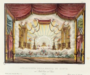 ज्यूसेप सारती द्वारा ओपेरा नाटक "" एने नेल लाज़ियो "" (1799) के प्रतिनिधित्व के लिए बृहस्पति के राज्य की उपस्थिति। एलेसेंड्रो सैनक्विरिको (1777-1849) द्वारा 1830 के दर्शनीय आविष्कारों का संग्रह "" में लिथोग्राफी। मिलानी निजी क द्वारा एलेसेंड्रो सैनकिरिको