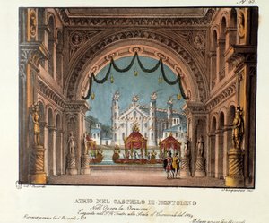 विन्सेन्ज़ो बेलिनी द्वारा ओपेरा "ला स्ट्रानियारा" (1828) के 1829 में टीट्रो अल्ला स्काला में प्रदर्शन के लिए ब्रिटनी परिदृश्य में मोंटोलिनो के महल का वेस्टिबुल। एलेसेंड्रो सैनक्विरी द्वारा 1830 के दर्शनीय आविष्कारों का संग्रह "" में लिथ द्वारा एलेसेंड्रो सैनकिरिको