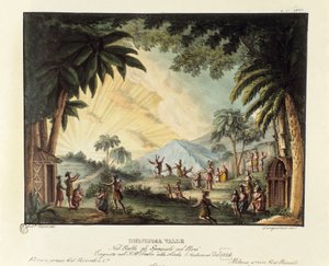 इतालवी कोरियोग्राफर गियोवन्नी गैलज़ेरानी (1780-1865) (1828) द्वारा बैले "" ग्लि स्पैग्नोली नेल पेरू "" के लिए स्पैनिश सीनोग्राफी द्वारा नई दुनिया की विजय के समय एक स्वादिष्ट घाटी का दृश्य। "" में लिथोग्राफी Raccolta di invenzi द्वारा एलेसेंड्रो सैनकिरिको