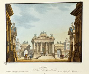 Giovanni Pacini द्वारा ओपेरा "L'Ultimo Giorno di Pompei" (द लास्ट डे ऑफ़ पोम्पेई) के प्रतिनिधित्व के लिए फोरम सीनोग्राफी का दृश्य। एलेसेंड्रो सैनक्विरिको (1777-1849) द्वारा 1830 के दर्शनीय आविष्कारों का संग्रह "" में लिथोग्राफी। मिल द्वारा एलेसेंड्रो सैनकिरिको