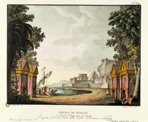 इतालवी कोरियोग्राफर जियोवानी गैल्ज़रानी (1780-1865) (1828) द्वारा बैले "" मिस्र में ऑक्टेवियन "" के लिए रोमन शिविर की दृश्यता का दृश्य। एलेसेंड्रो सैनक्विरिको (1777-1849) द्वारा 1830 के दर्शनीय आविष्कारों का संग्रह "" में लिथो द्वारा एलेसेंड्रो सैनकिरिको