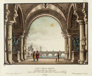 विन्सेन्ज़ो बेलिनी (1826) द्वारा ओपेरा "बियांका ई फर्नांडो" के 1829 में प्रतिनिधित्व के लिए शाही महल के दृश्य का दृश्य। एलेसेंड्रो सैनक्विरिको (1777-1849) द्वारा 1830 के दर्शनीय आविष्कारों का संग्रह "" में लिथोग्राफी। निजी मिलानी द्वारा एलेसेंड्रो सैनकिरिको