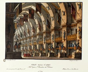 Giovanni Pacini और Gaetano Rossi (1828) द्वारा ओपेरा "I cavalieri di Valenza" के प्रतिनिधित्व के लिए बड़े हथियारों के कमरे का दृश्य। एलेसेंड्रो सैनक्विरिको (1777-1849) द्वारा 1830 के दर्शनीय आविष्कारों का संग्रह "" में लिथोग्राफी। मिलान द्वारा एलेसेंड्रो सैनकिरिको
