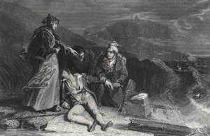 क्लीवलैंड का बचाव, जॉर्ज प्रेसबरी द्वारा उकेरा गया, सर वाल्टर स्कॉट (1771-1832) द्वारा 'द पाइरेट' से (उत्कीर्णन) द्वारा सिकंदर (बाद में) चिशोल्मो