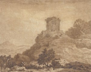 एक बर्बाद मंदिर के साथ लैंडस्केप, c.1756 (कागज पर ग्रेफाइट और वॉश) द्वारा अलेक्जेंडर कोज़ेंस