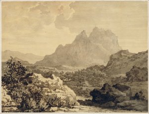 पर्वतीय लैंडस्केप, c.1780 (भूरे रंग की जमीन के साथ तैयार किए गए कागज़ पर भूरे और भूरे रंग के कपड़े)