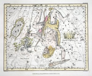 अलेक्जेंडर Jamieson, पब द्वारा &39;ए सेलेस्टियल एटलस&39; से तारामंडल (प्लेट VIII) कोरोनोआ बोरेलिस, हरक्यूलिस और सेर्बेरस। लंदन 1822 (हाथ के रंग का उत्कीर्णन)