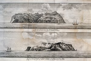 एलेजांद्रो सेल्किर्क द्वीप या मास अफ्यूरा द्वीप, जुआन फर्नांडीज द्वीपसमूह, चिली का दृश्य, उत्कीर्णन