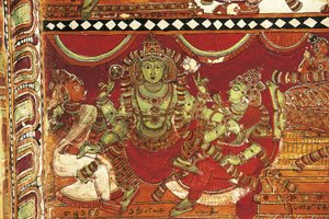 विष्णु, पार्वती, नटराय मंदिर, चिदंबरम, तमिलनाडु, भारत, 5 वीं शताब्दी के लिए मंदिर में शिव के जीवन को दर्शाने वाले भित्तिचित्रों का विवरण द्वारा अलेक्जेंड्रे गेब्रियल (बाद में) डीकैंप्स