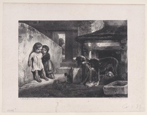 हंटिंग सीन्स, 1829 की श्रृंखला से स्नार्लिंग डॉग द्वारा भयभीत बच्चे। द्वारा अलेक्जेंड्रे गेब्रियल डिकैम्प्स