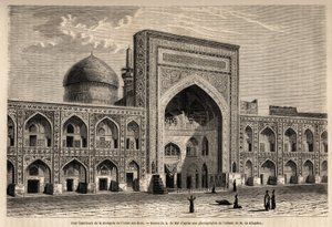 इमाम अली रिज़ा ए मशहद की मस्जिद का आंतरिक प्रांगण, ए डी बार द्वारा चित्रित, १८५८ में खुरासान (खोरासन, चोरासान या खुरासान) की यात्रा को चित्रित करने के लिए, एन डी खानिकोफ द्वारा। "" ले टूर डू मोंडे "" 1861 में उत्कीर्णन। सेल्वा का संग्रह