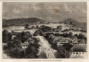 रुए एट बैरक्स डी फ़्रीटाउन, सिएरा लियोन, ए डी बार के चित्र के बाद उत्कीर्णन, 1868 में कोटे डी'अफ़्रीक की यात्रा को दर्शाते हुए, वाइस एडमिरल फ्लेरियट डी लैंगल्स द्वारा, "ले टूर डू मोंडे" 1873 में प्रकाशित, संपादित एडौर्ड चार्टन द्वारा, हैचेट स
