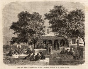ला मार्सा (ट्यूनिस) में एक कैफे का दृश्य, ए.डी बार द्वारा चित्रित, 1859 में, अम्बल क्रेपेलेट द्वारा ट्यूनिस की यात्रा को चित्रित करने के लिए। एडौर्ड चार्टन द्वारा संपादित "" ले टूर डू मोंडे "" में उत्कीर्णन