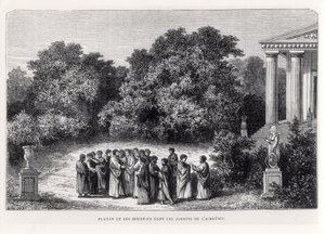 प्लेट फार्च (c.427-c.348 ईसा पूर्व) और लुइस फेंटियर द्वारा &39;ला वेइ डेस सेवेंट्स इलस्ट्र्रेस&39; से एकेडमी के गार्डन में उनके शिष्य, लाप्लांटे द्वारा उत्कीर्ण, c.1870 द्वारा अलेक्जेंड्रे डे बार