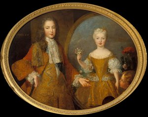 L'Amour (निचला दाहिना) लुई XV (1710-1774) को अपने मंगेतर (लुई XV और स्पेन के इन्फैंटे मैरी ऐनी विक्टोइरे) का चित्र प्रस्तुत करता है। एक पेंटिंग में एक पेंटिंग का अबीमे (अबिम)। एलेक्सिस साइमन बेले द्वारा पेंटिंग ( १६७४-१७३४) १८वीं शताब्दी का सूर्य 0,99x द्वारा एलेक्सिस साइमन बेले